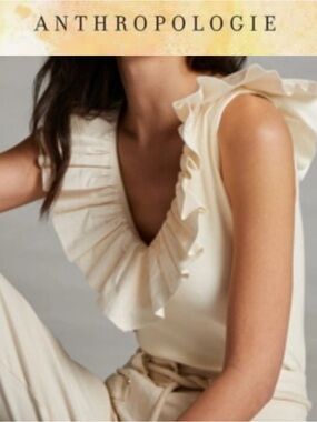 ANTHROPOLOGIE MAEVE TINA RUFFLED TANK CREAM V NECK RUFFLED TRIM BLOUSE MEDIUM